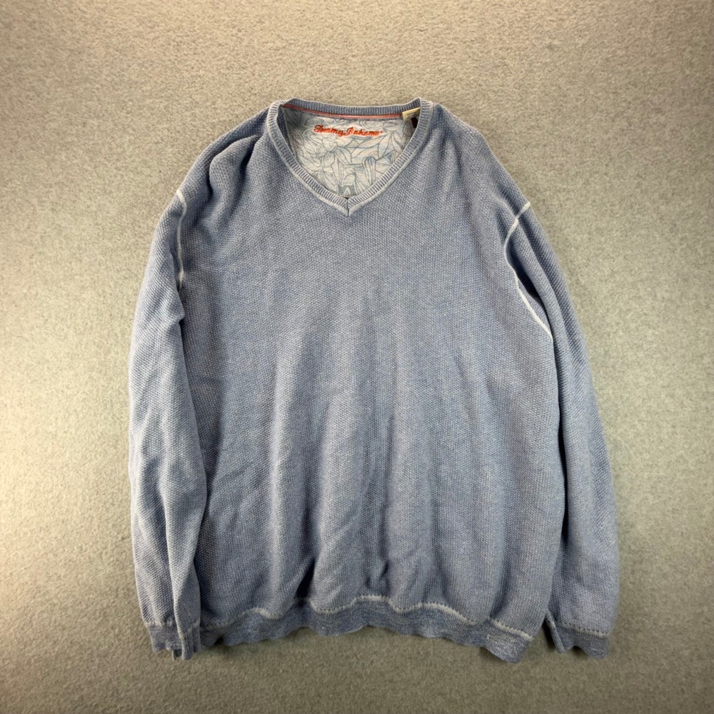 Tommy Bahama Mens XXL V-Neck Sweater Light Blue Cotton Textured Knit Coastal